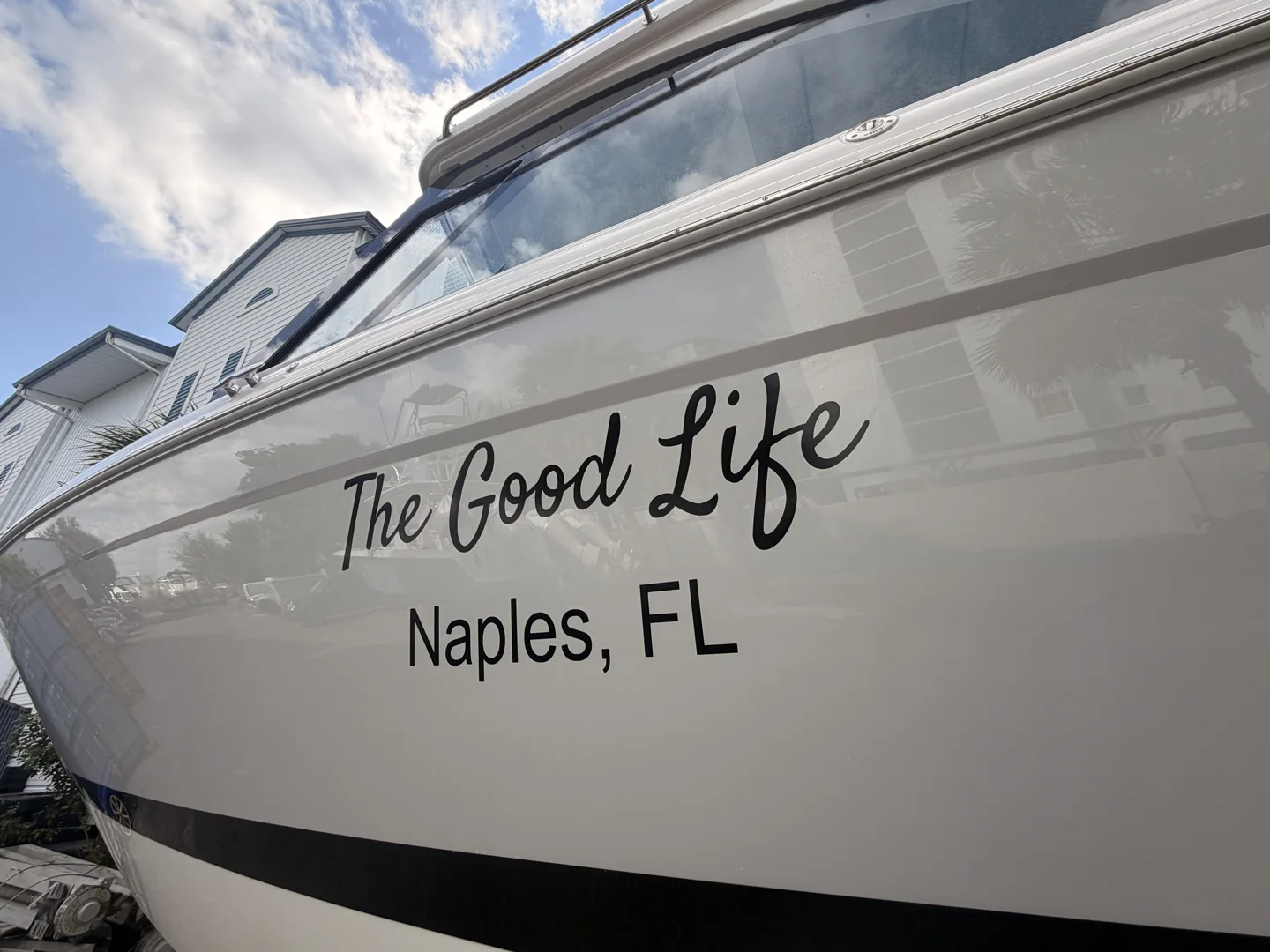 The Good Life: Custom script boat lettering