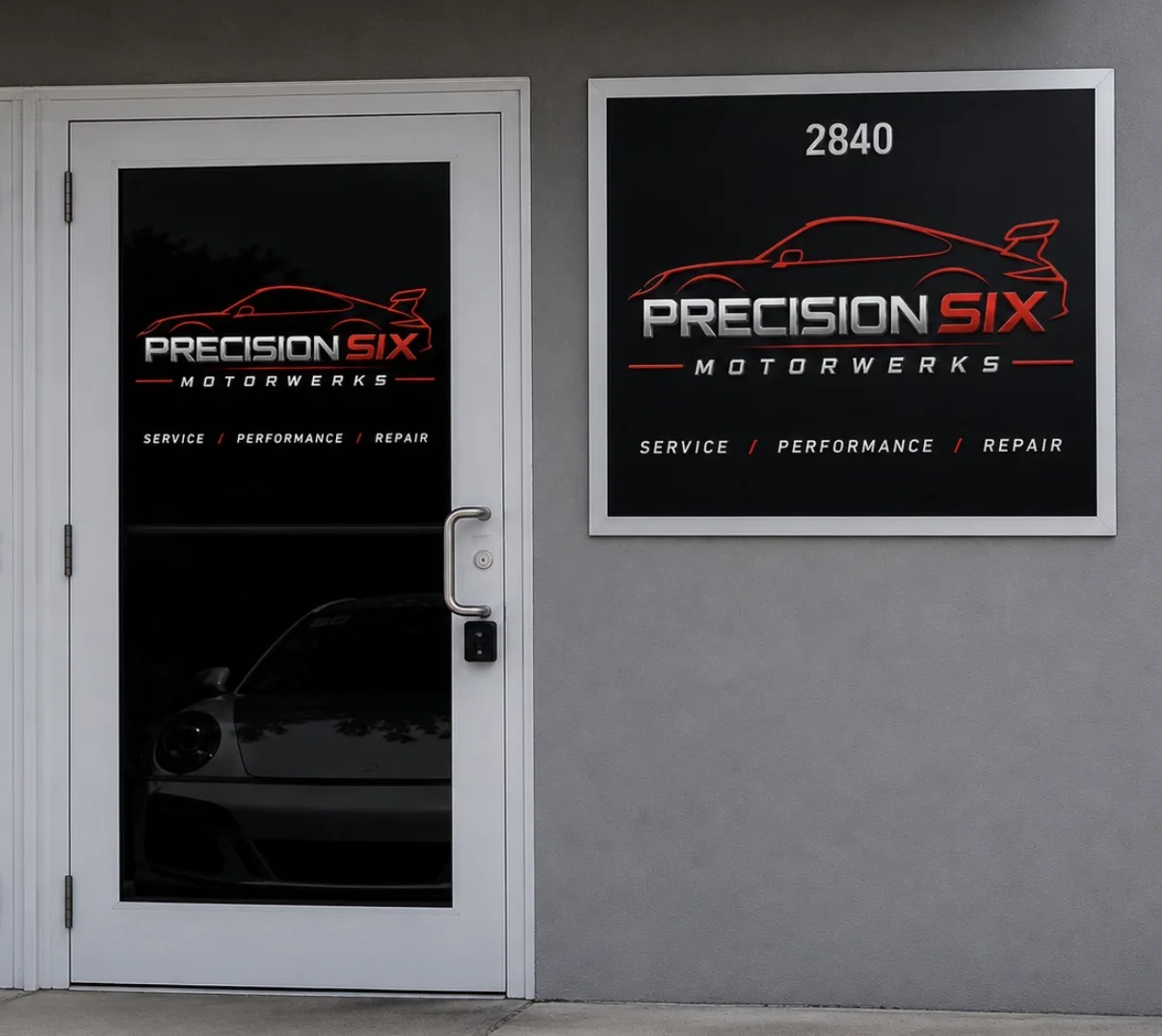 Precision Six Motorwerks: Storefront window and door lettering